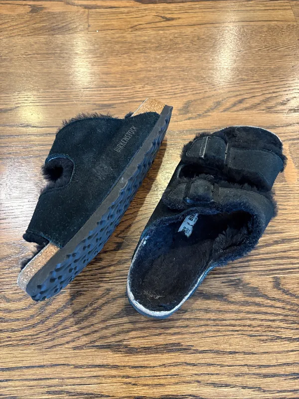 Birkenstock Arizona Black Fuzzy Double-Buckle Slide Sandals, 39 (8.5), slippers - Image 2