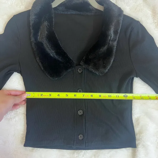 Black Faux Fur Trim Sleeves & Collar Button Up Crop Y2K 90s Style Sweater - Image 8