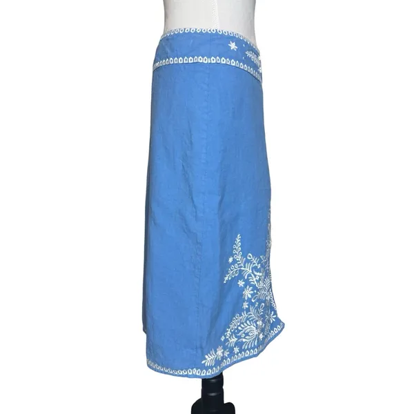 Vintage 100% Linen Skirt Sz 12 Artisan Embroidered Beaded Blue Cottage Boho Folk - Image 7