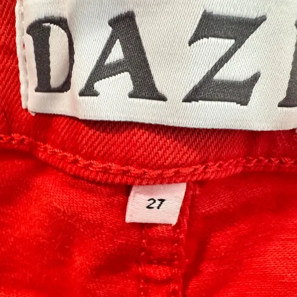Daze Denim Just Right High Rise Straight Leg Jeans Cherry Red Raw Hem Size 27 - Image 6