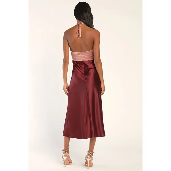 NWT Lulus Icon Update Burgundy Color Block Knotted Halter Midi Dress Wedding S - Image 3