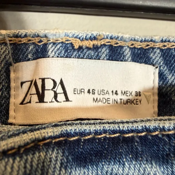 Zara TRF High Rise Distressed Straight Leg Denim Jeans Women's 14 Blue Raw Hem - Image 7