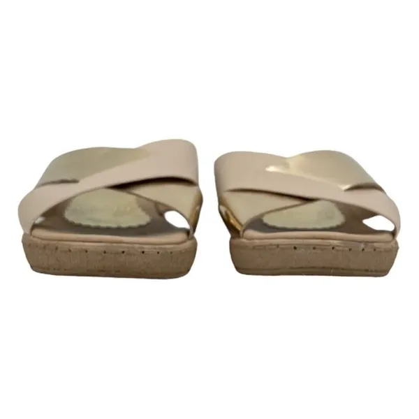 Sary Metallic Gold and Beige Tan Open Toe Wide Strap Slide Sandal Size 7 - Image 3