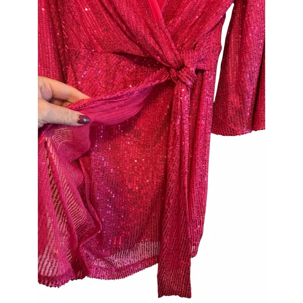 Hot Pink Sequined Double Crazy Faux Wrap Dress - Size M - Image 8