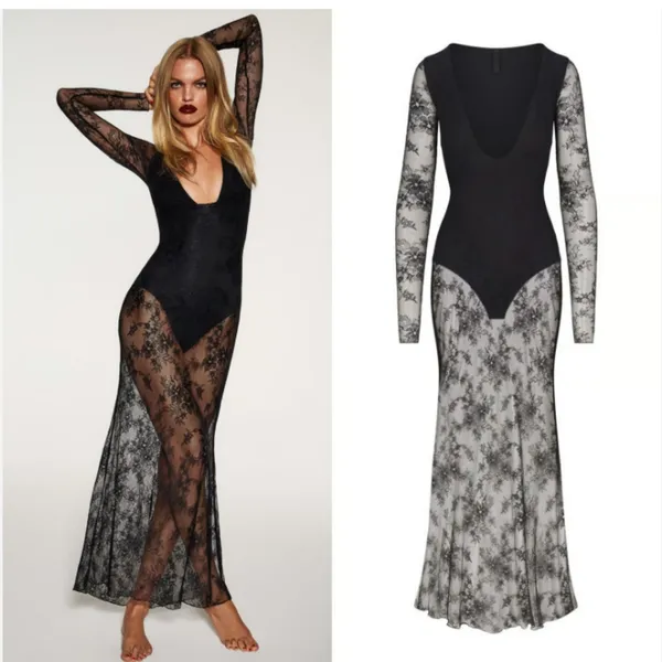 Skim Black Ultra Fine Lace Plunge Long Maxi Dress M NWOT ( SOLD OUT) - Image 2