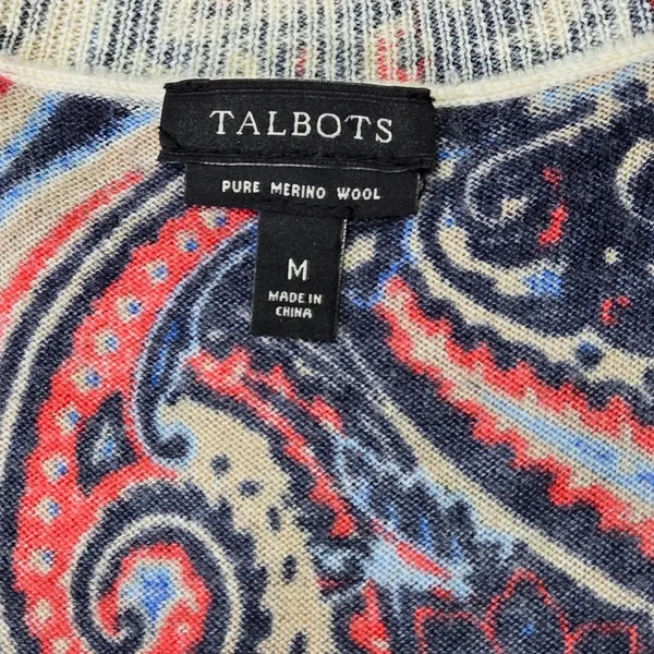 Talbots Pure Merino Wool Paisley‎ Cardigan Sweater Navy Red Blue Womens Medium - Image 3