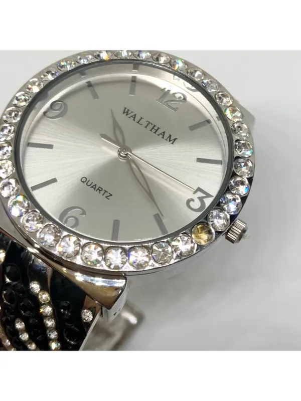 Waltham SilverTone cuff bracelet watch 38mm rhinestones quartz 7” running - Image 3