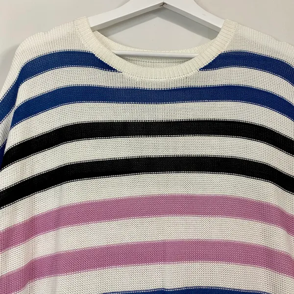 Women’s Cap Sleeve Knit Stripe Sweater Blue Purple & Cream Size XL NWOT FLAW - Image 2