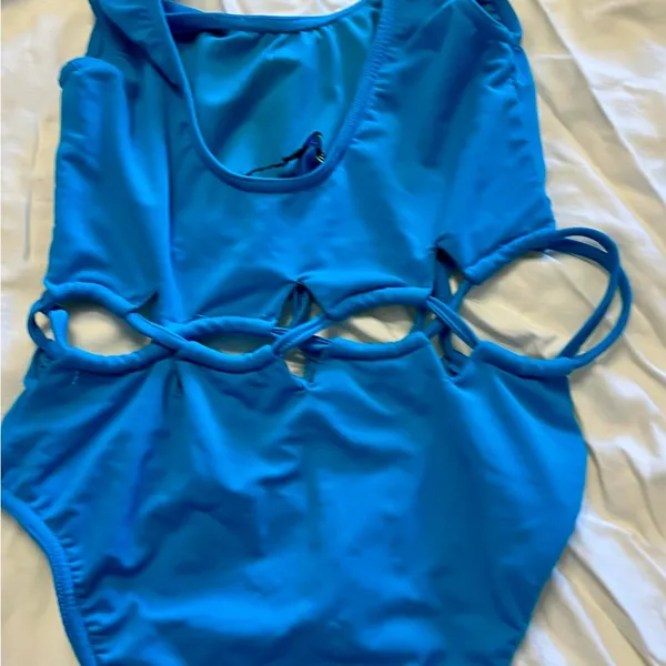 Vibrant Blue Halter One-Piece with Lattice Cut-Outs - Image 2