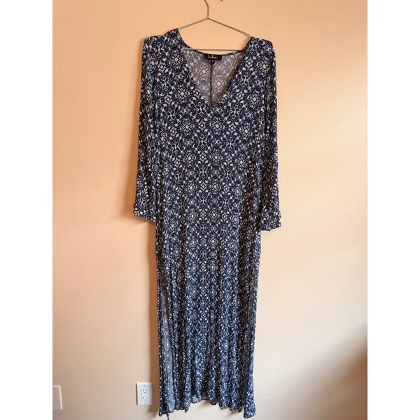 Lulus Maxi Dress Women Small Blue Tile Print Long Sleeve V-Neck Side Slit R64395 - Image 3