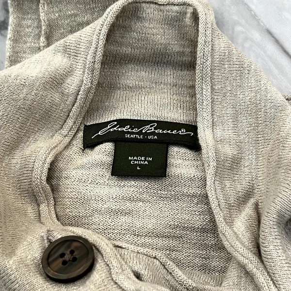 Eddie Bauer Oatmeal Cardigan Sweater Beige Size Large L Button Front‎ High Neck - Image 3