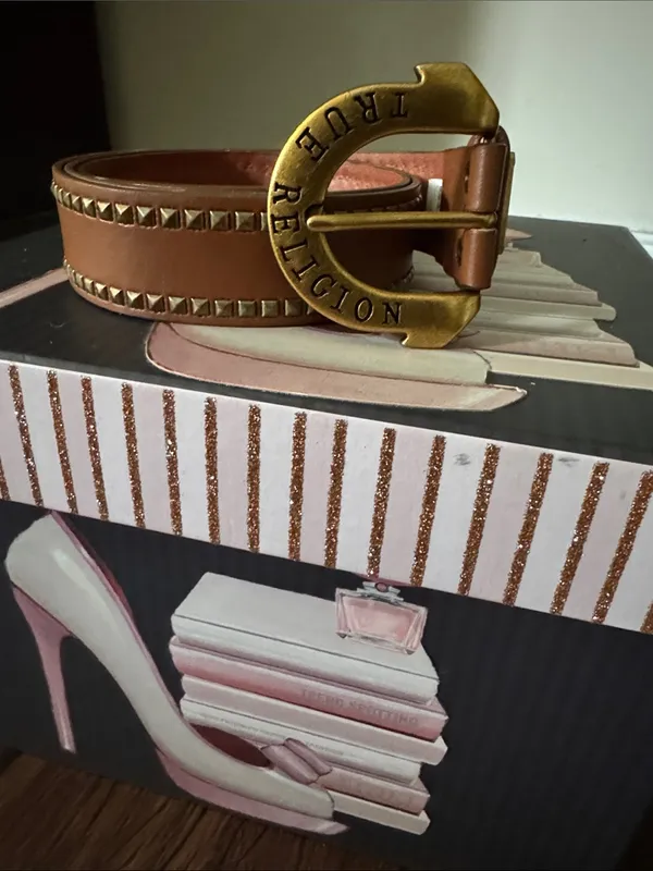 True Religion Tan Leather Studded Belt with Brass Logo Buckle - Image 2
