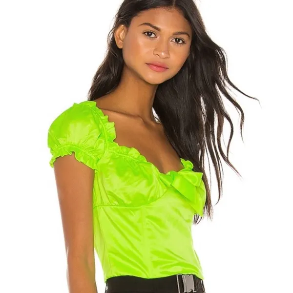 I.AM.GIA Naomi Ruched Milkmaid Neon Green Crop Top Shirt Blouse - Image 4