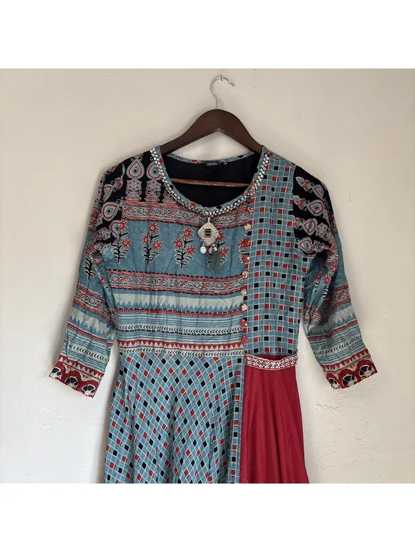 SOCH Womens Anarkali Kurta Dress Medium Blue Maroon Block Embellished Pocket - Image 3