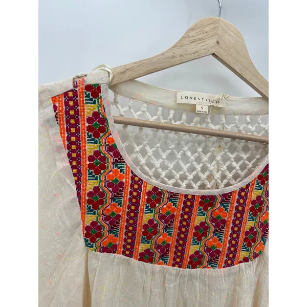 Lovestitch Cream Tulum Fringe Top Boho Embroidery Oversized‎ Fit Women Small NWT - Image 5