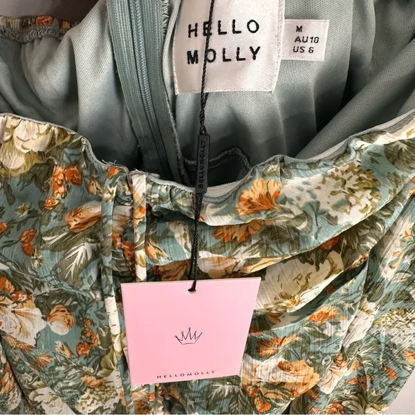 Hello Molly Basque Country Long Sleeve Ruched Mini Dress Floral Sage M NWT Event - Image 14