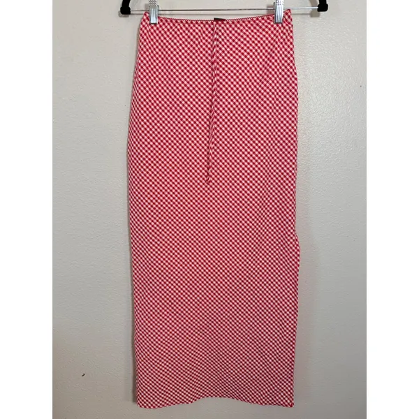 Wild Fable Side Slit Red White Gingham Midi Skirt XXS Lace Trim Picnic - Image 5