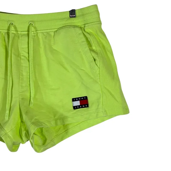 Tommy Hilfiger Logo Patch Solid Sweat Shorts Neon Lime Green Streetwear Size L - Image 3