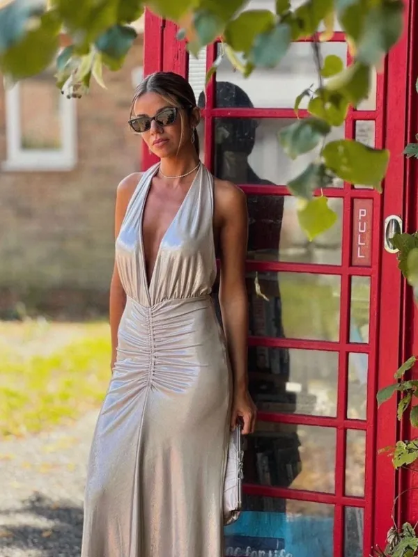 Zara Metallic Ruched Halter Shimmer Midi to Maxi Formal Dress Cava Soft Gold XS - Image 5