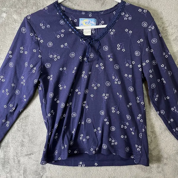 Vintage Navy Floral Peasant Blouse Tie Neck Long Sleeve Large‎ Blue Dainty Y2K - Image 2