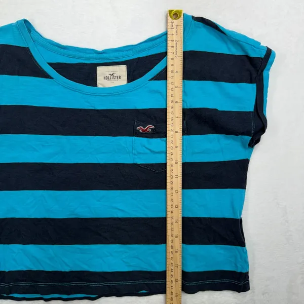 Y2K Hollister L Crop Top Striped Pocket Logo Blue Navy Short Sleeve Scoop Neck - Image 9
