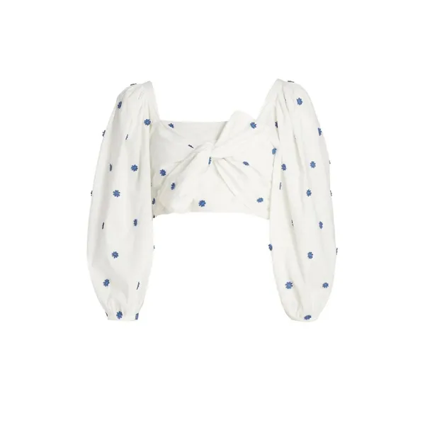 Farm Rio Blue Flowers‎ Crop Top Large White Floral Embroidered Tie Front Beachy - Image 16