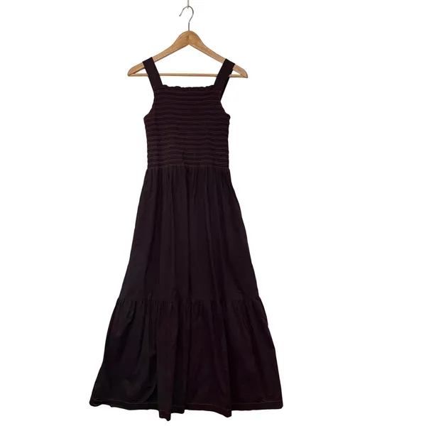 Everlane Smocked Midi Dress Espresso Brown Rust Contrast Stitch Pockets Womens S - Image 2