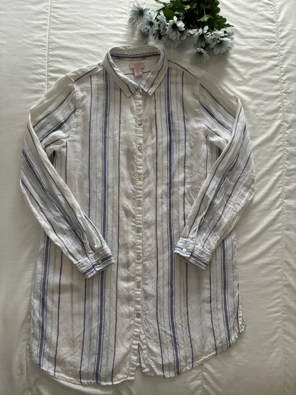 St Tropez West Womens L 100% Linen Striped Tunic Shirt Blue White Beach Vacation - Image 2