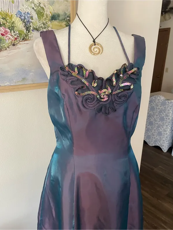 Maurices Vintage 90s Iridescent Purple Teal Two Tone Prom Gown Sequin Dress 7/8 - Image 3