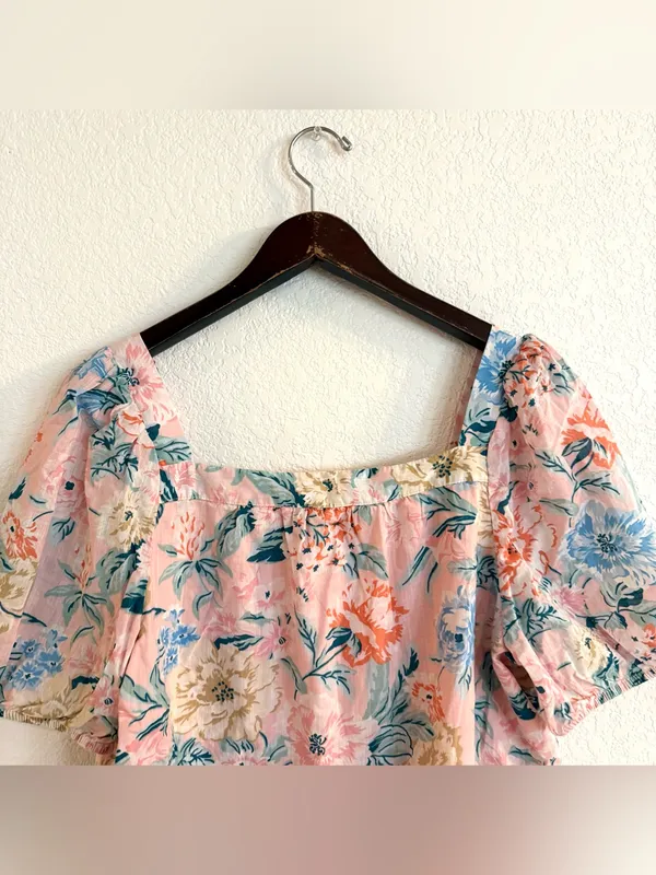 Loft Womens Shirt Blouse Pink Floral Short Sleeve Lace Detail Size XL - Image 4