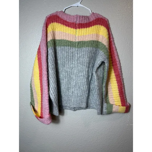 POL Rainbow Confetti Oversized Stripe Knit Sweater Size L Gray Multicolor - Image 5