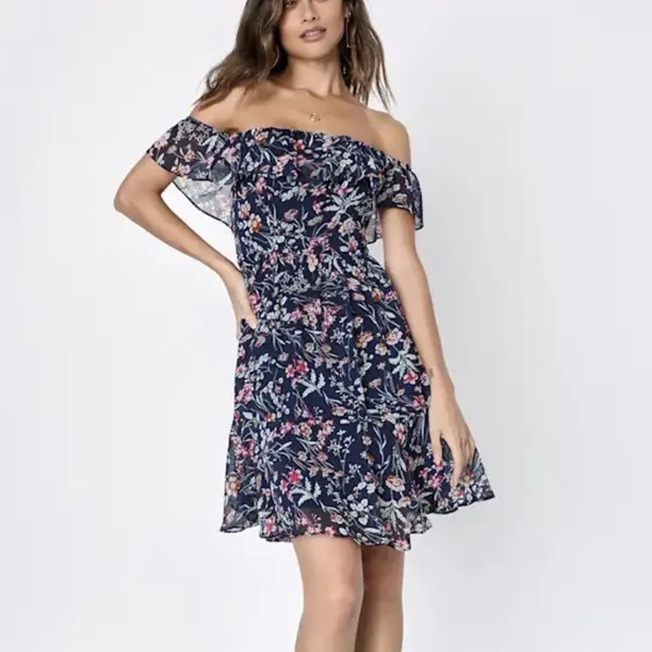 NWT Lulus My Favorite Navy Blue Floral Print Off the Shoulder‎ Dress Size MEDIUM - Image 2