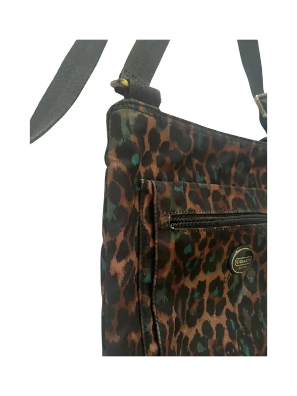 COACH-CHEETAH PRINT NYLON CROSSBODY BAG NO H1376-F77479 Coach crossbody with bold leopard print. Compact silhouette with adjustable shoulder strap. Front zip pocket and main compartment for essentials. Gold-tone logo plaque and hardware accents, front zip pocket, back slip pocket with magnetic closure, adjustable strap, great condition Measures:19.5x9.5 inches - Image 3