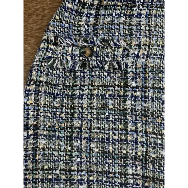 Ann Taylor Tweed Skirt Women 2 Blue Green Boucle A-Line Mini Fringe Pockets - Image 4
