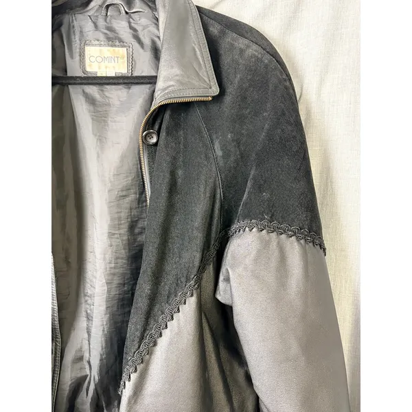 Vintage Comint‎ Mixed Leather Suede Coat 1X Oversized Drawstring Black - Image 6
