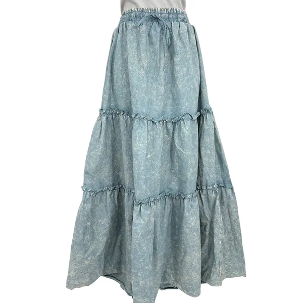 Zenana Maxi Skirt Women LG Blue Acid Wash Tiered Cotton Ruffle Western Boho‎ - Image 2