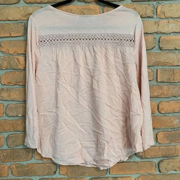 LOFT Womens Small Top Blush‎ Pink Long Sleeve Crochet Lace Trim Blouse Feminine - Image 2