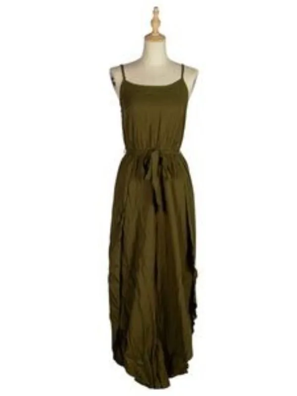 Olive Green High Slit Jumpsuit Spaghetti Strap Belted Wide Leg Boho Women M NWT - Image 5