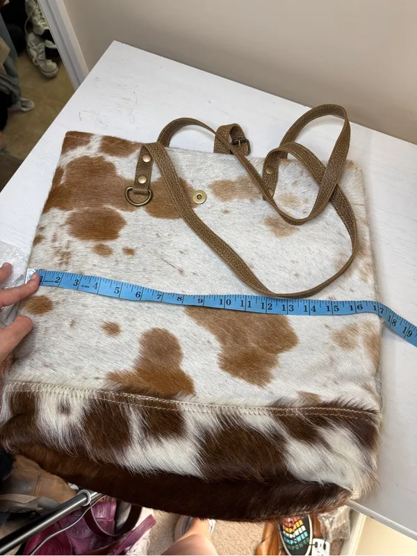 Myra Mesa Trail Hairon Tote Bag Rustic Cowhide Design, Brown Leather Handles - Image 3