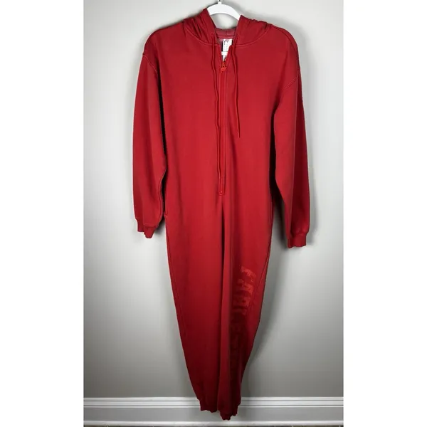 Fabletics Red Fleece Hooded OnePiece Sz Small Track Ski Camping Snow‎ Lounge - Image 11