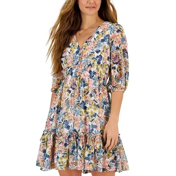 Taylor Womens Floral Vneck Ruched Ruffle Tiered Dress sz 10 Boho Cottage Dainty - Image 2