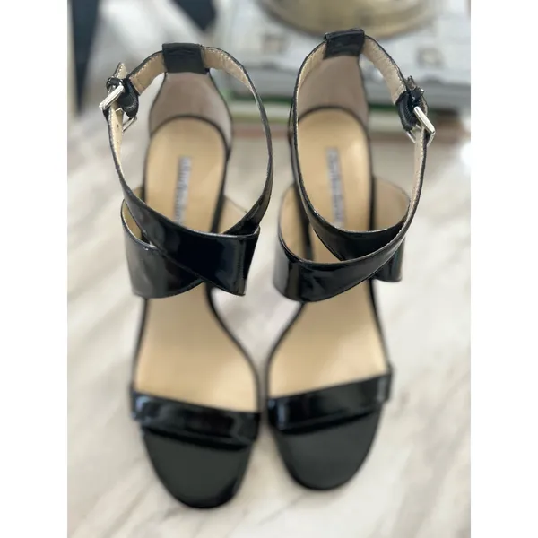 Charles David Black Patent Leather Strappy Stiletto Heel Minimalist Formal - Image 2