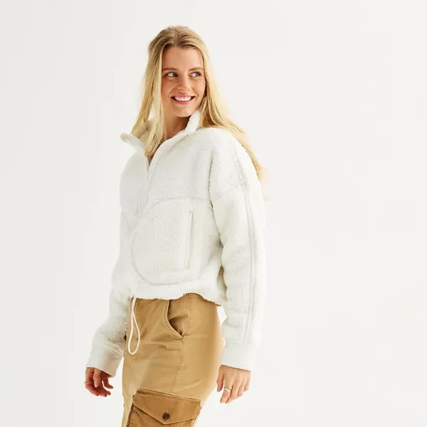 Sonoma Juniors' SO Pullover White Size S Sherpa High Pile Quarter-Zip Oversize New - Image 2