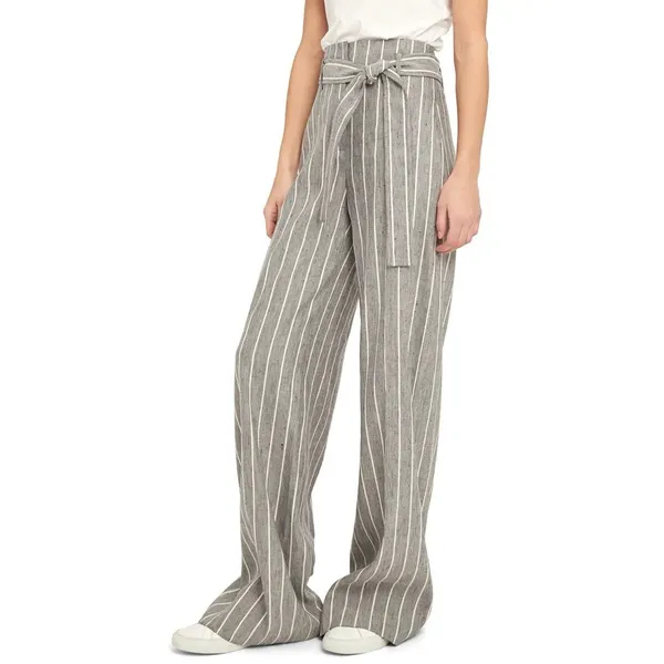 Theory Size 12 Wide Leg Belted Trousers Stripe Wither Linen Belt Pant Fl_ - Image 8