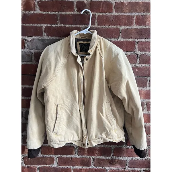 Obey Cream Canvas Bomber Jacket Corduroy Collar Brown Lining Short Women’s Sz M - Image 5