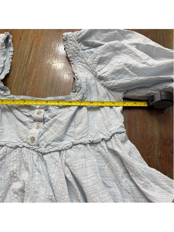 Free People Baby Blue Seersucker Puff Sleeve Babydoll Top Smocked Back S - Image 9
