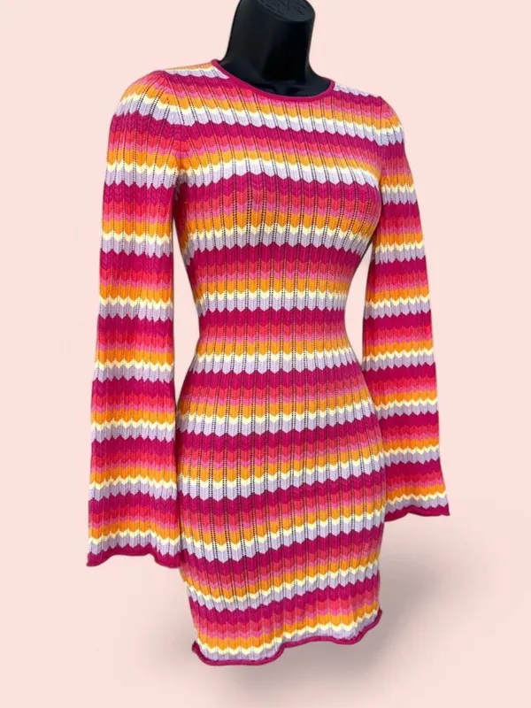 Bershka (ASOS) Crochet Knit Stripe Long-Sleeve Mini Dress - Small - Image 4