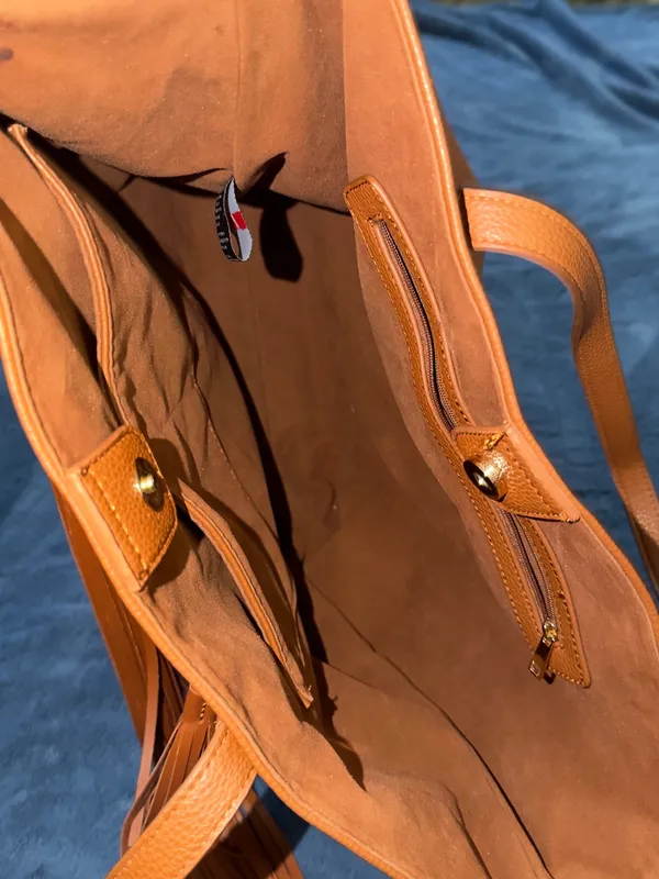 Tassel Detail Leather Tote in Cognac Brown - Image 9