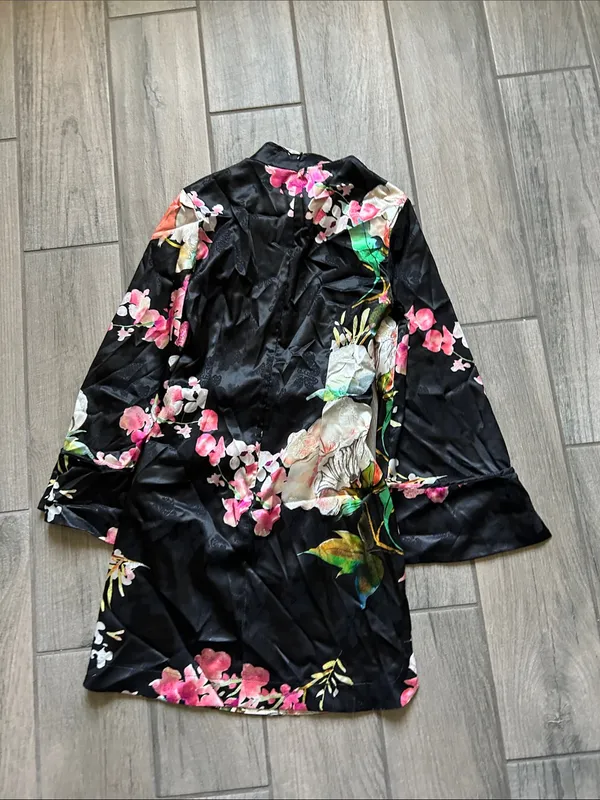 Zara Black Floral Satin Long-Sleeve Mini Dress - Image 4