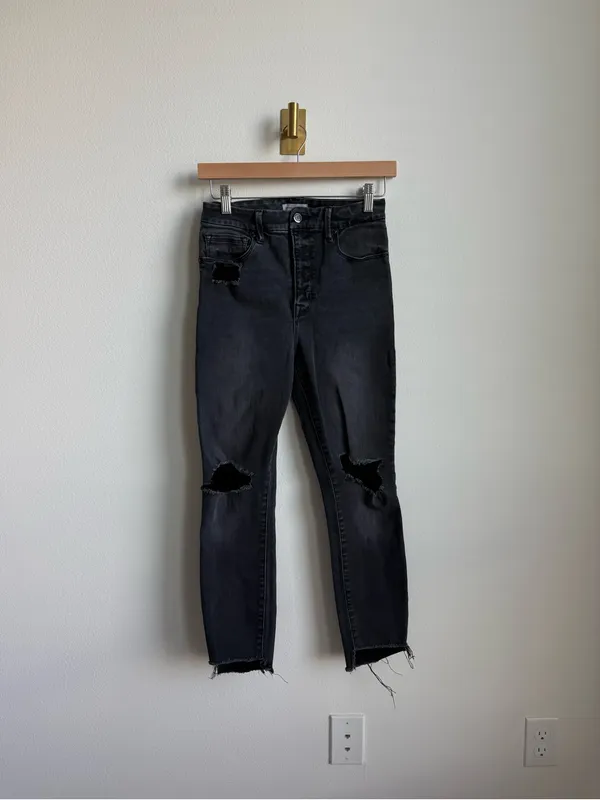 Good American Good Waist Crop Raw Step Jeans Black Distressed Size 27 - Image 3